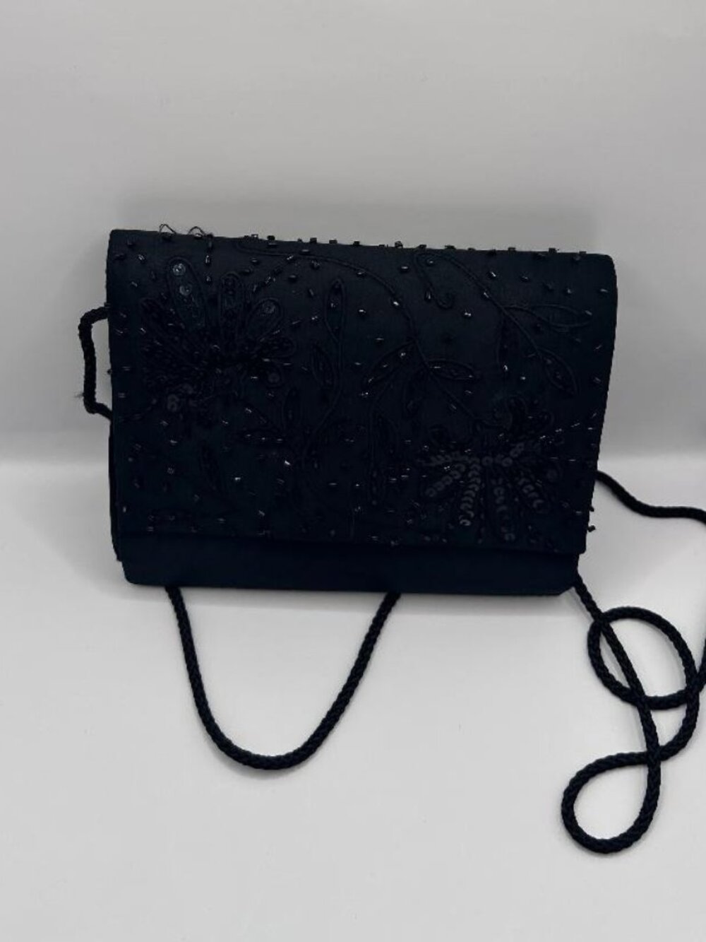 Vintage Black Sequin Satin Evening Clutch With Rope Strap